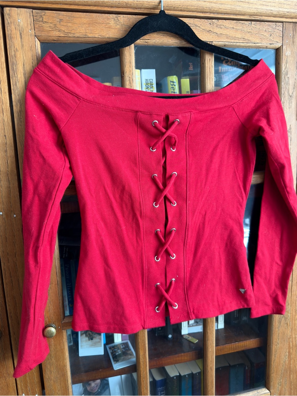GUESS Red Lace-Up Off Shoulder Top Size Small - Picture 5 of 5